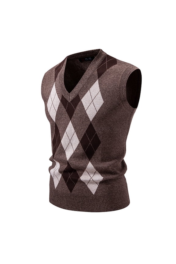 Mens Argyle Sweater Vests Casual Sleeveless V Neck Warm Knit Pullover Slim Fit Business formal Waistcoat Coffee