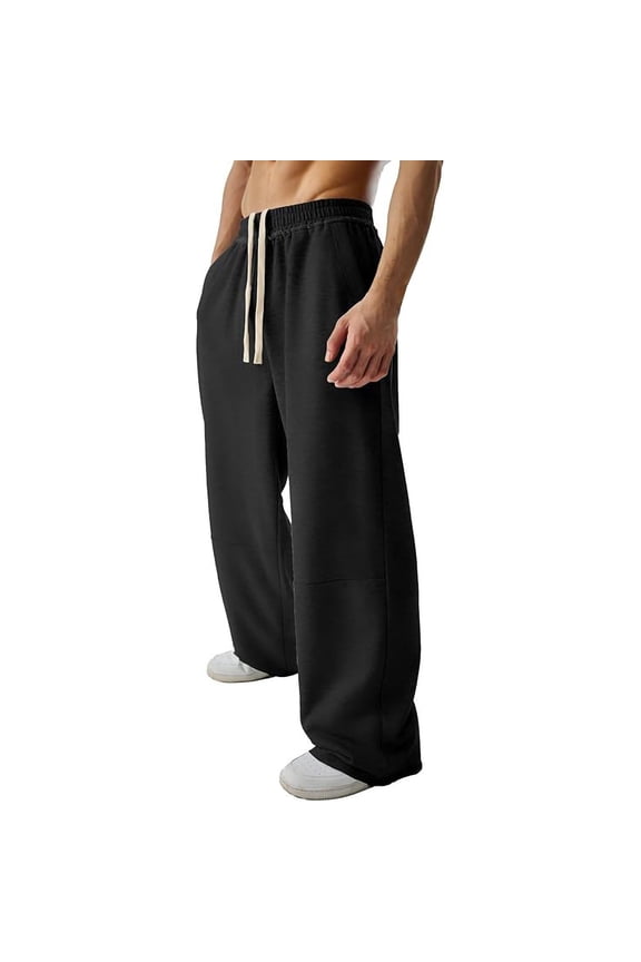 Mens Baggy Loose Fit Raw Hem Sweatpants Casual Streetwear Drawstring Wide Leg Stretchy Pants with Pockets Black