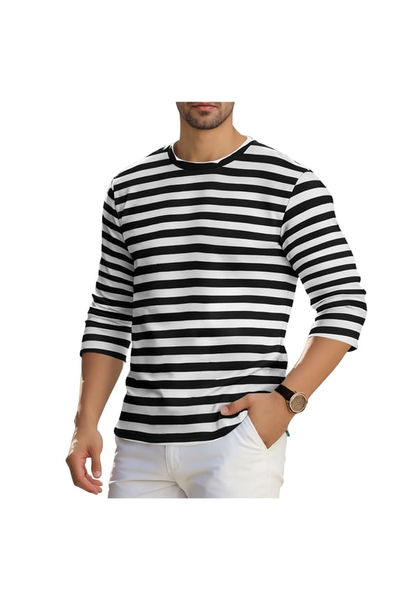 Mens Black and White Striped T Shirt Long Sleeve Crewneck Casual Basic Tee Pullover Tops Black-A