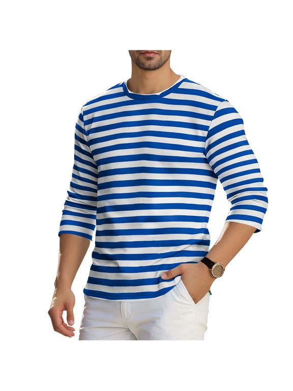 Men's Casual Striped Crewneck Long Sleeve T-Shirt Basic Pullover Lightweight Daily Workout Tee Tops Blue-A