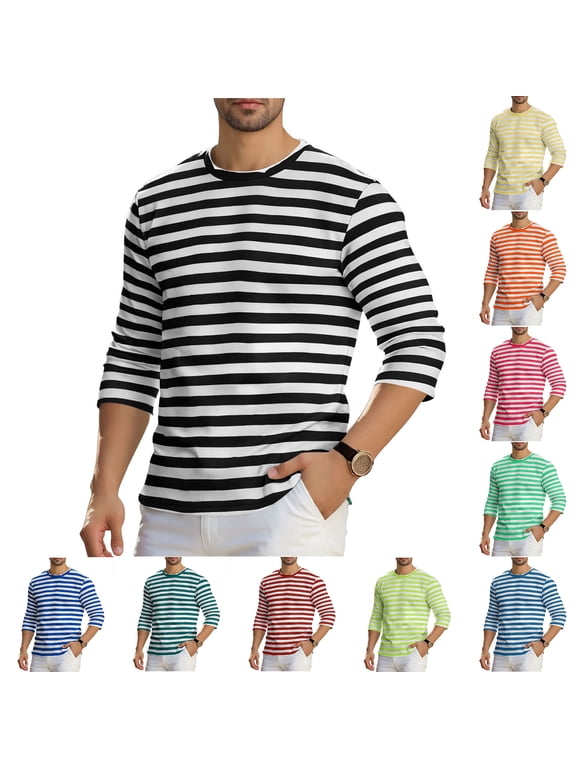 Men's Casual Striped Crewneck Long Sleeve T-Shirt Basic Pullover Lightweight Daily Workout Tee Tops Yellow-A