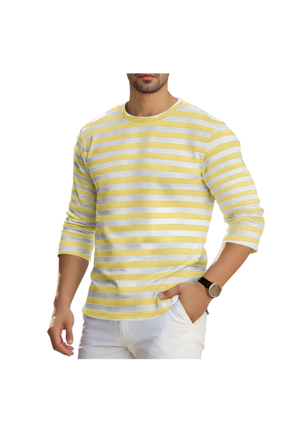 Mens Black and White Striped T Shirt Long Sleeve Crewneck Casual Basic Tee Pullover Tops Yellow-A