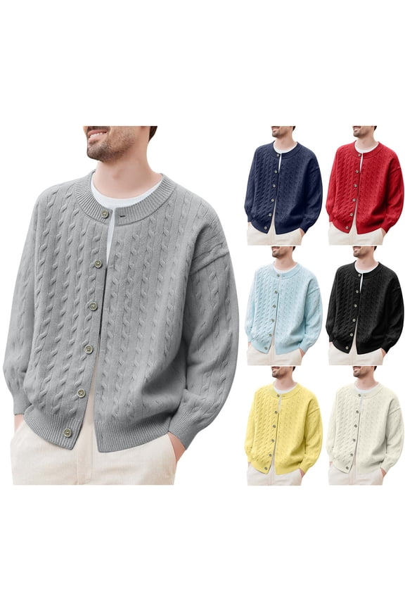Mens Cable Knit Cardigan Sweater Cowl Neck Loose Fit Long Sleeve Casual Textured Button up Cardigans Black