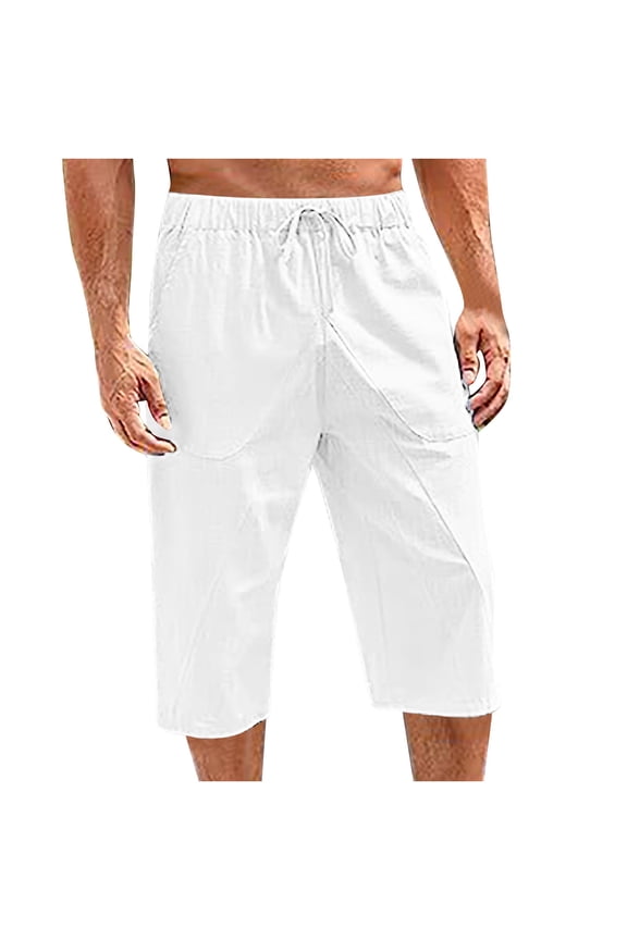 Mens Capri Pants Summer Baggy Casual Beach Lightweight Solid Color Drawstring Elastic Waist Yoga Trousers with Pocket White