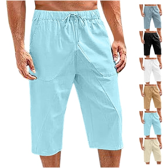 FRSASU Mens Capri Pants Summer Baggy Casual Beach Lightweight Solid Color Drawstring Elastic Waist Yoga Trousers with Pocket White