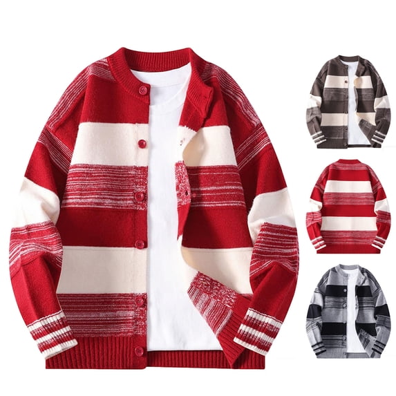 FRSASU Mens Cardigan Sweater Button up Stand Collar Sweater Knit Textured Striped Sweaters Red