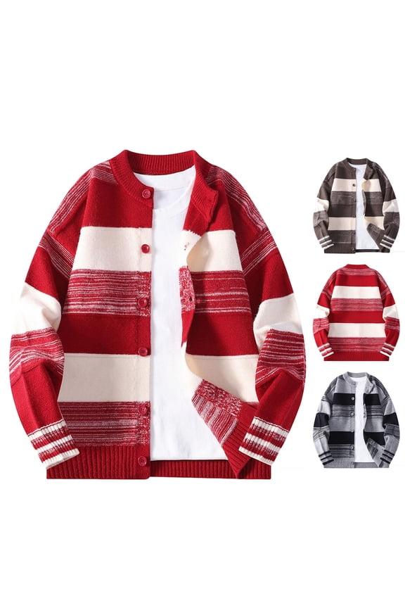 Mens Cardigan Sweater Button up Stand Collar Sweater Knit Textured Striped Sweaters Red