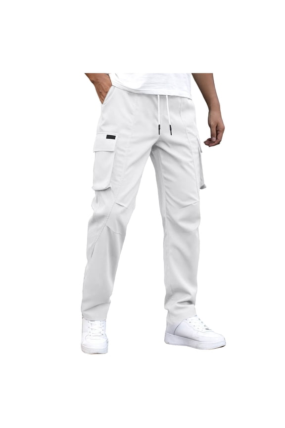 Mens Cargo Pants Baggy Elastic Waist Drawstring Trousers Casual Relax Fit Hiking Pant with Multiple Pockets White