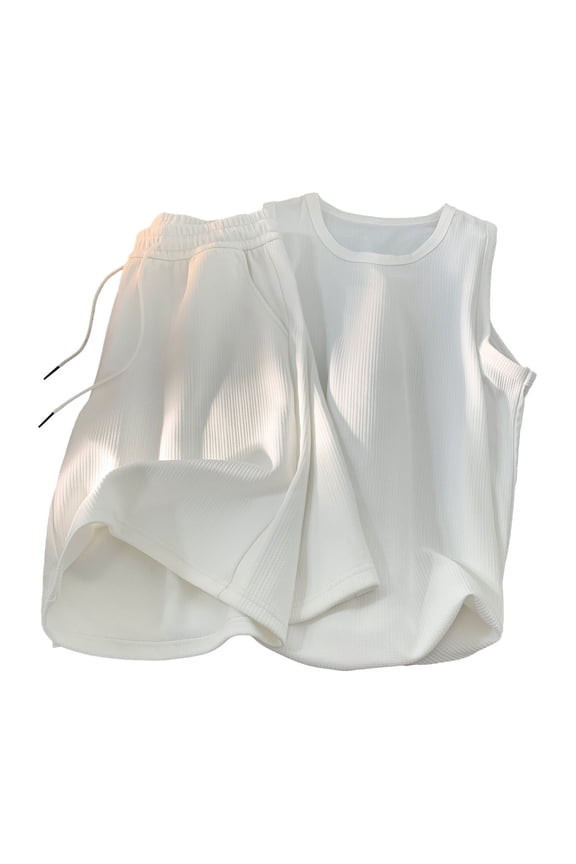 Mens Casual 2 Piece Outfits-Short Sleeve Athletic Set Round Neck Vest Elastic Waist Shorts Tracksuit Set White