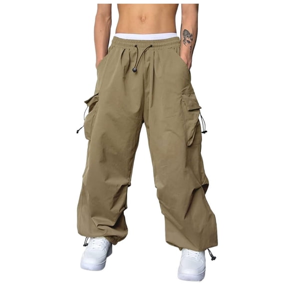 FRSASU Mens Casual Baggy Cargo Pants Stretch Sweatpants Loose Fit Drawstring Hiking Workout Joggers with Multi Pockets Khaki