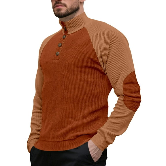 FRSASU Mens Casual Color Block Corduroy Sweatshirt Long Sleeve Stand Collar 1/4 Button up Pullover Fall Top Coffee