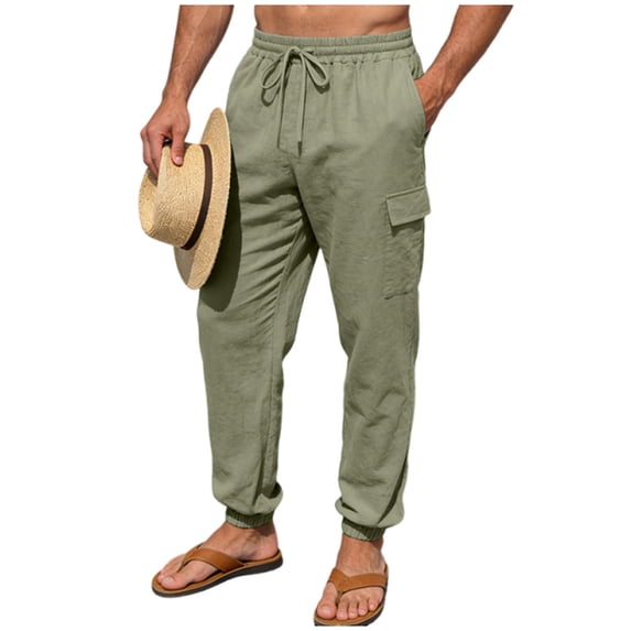 FRSASU Mens Casual Linen Jogger Pants Casual Summer Beach Drawstring Elastic Waist Ropical Climate Trousers with Pockets Army Green