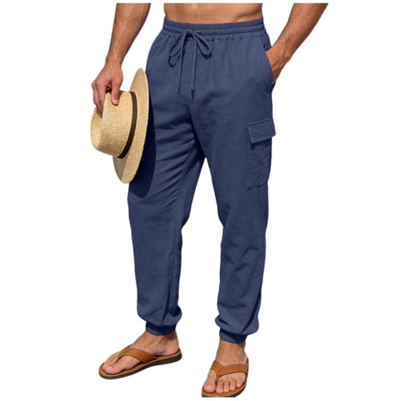 FRSASU Mens Casual Linen Jogger Pants Casual Summer Beach Drawstring Elastic Waist Ropical Climate Trousers with Pockets Navy