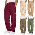 thumbnail image 1 of FRSASU Mens Casual Pants Elastic Solid Color Drawstring Lightweight Loose Cargo Straight Leg Pants with Multi Pockets Wine, 1 of 5