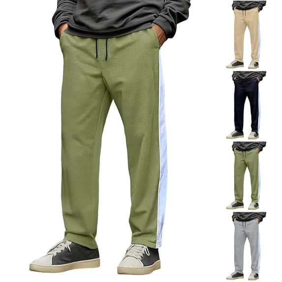 FRSASU Mens Casual Pants Elastic Waist Drawstring Waffle Slacks Straight Leg Lightweight Trousers Khaki