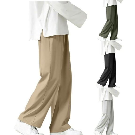 FRSASU Mens Casual Pants Elastic Waist Lightweight Loose straight leg Slacks Summer Beach Trousers Khaki