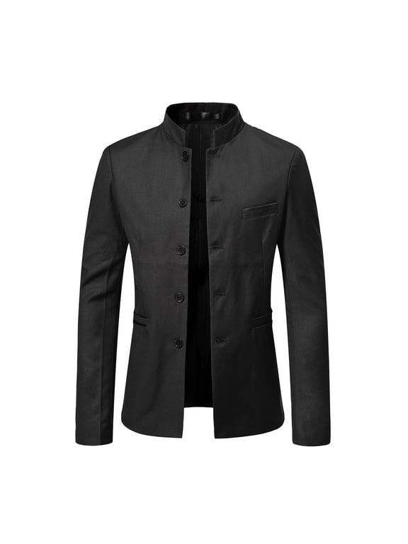 Mens Casual Suit Blazer Jacket Mandarin Collar Single Breasted Sport Coat Business Dress Coat Black
