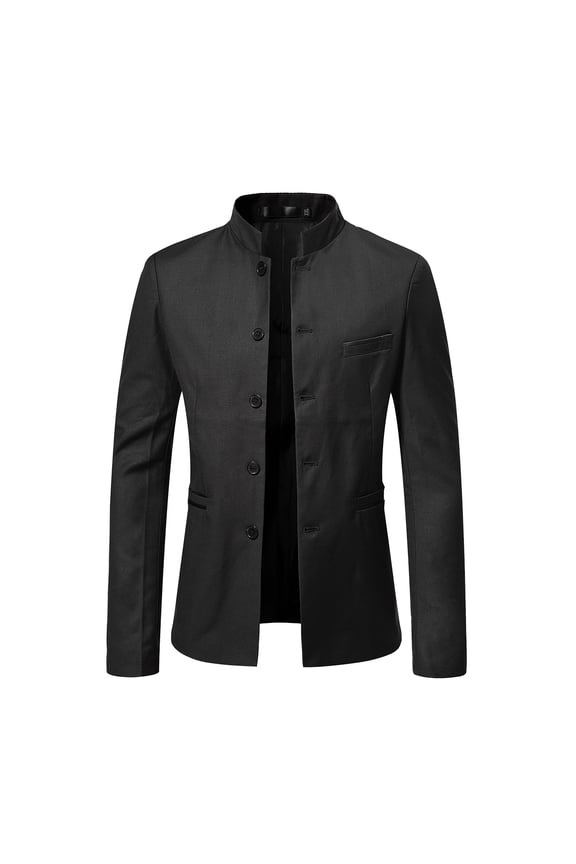 Mens Casual Suit Blazer Jacket Mandarin Collar Single Breasted Sport Coat Business Dress Coat Black
