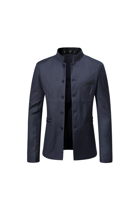 Mens Casual Suit Blazer Jacket Mandarin Collar Single Breasted Sport Coat Business Dress Coat Blue