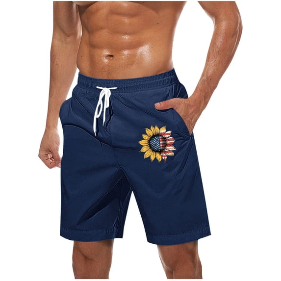 FRSASU Mens Casual Summer Beach American Flag Sunflower Graphics Shorts 9 Inch Lightweight Drawstring Elastic Waist Shorts with Pockets Dark Blue