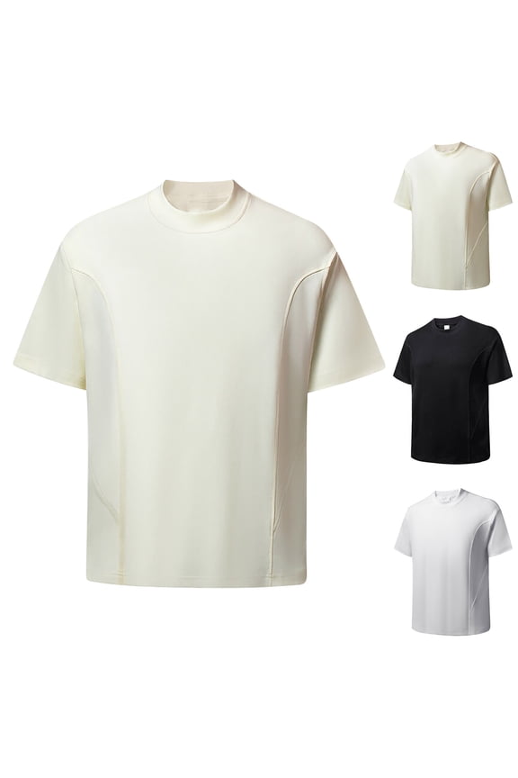 Mens Casual Turtleneck Mock Neck Cotton T Shirt Slim Fit Simple Lines Short Sleeve Summer Basic Tops White
