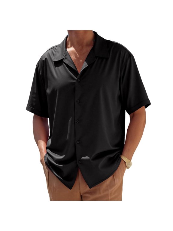 Mens Casual Wrinkle Free Shirts Short Sleeve Button Down Dress Untuckit Shirts Beach Summer Wedding Hawaiian Outfits Black