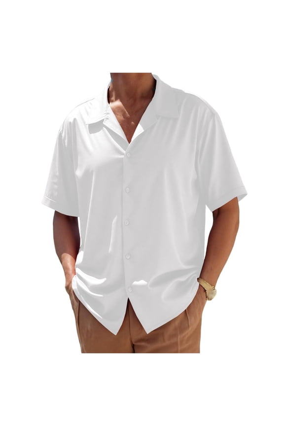 Mens Casual Wrinkle Free Shirts Short Sleeve Button Down Dress Untuckit Shirts Beach Summer Wedding Hawaiian Outfits White
