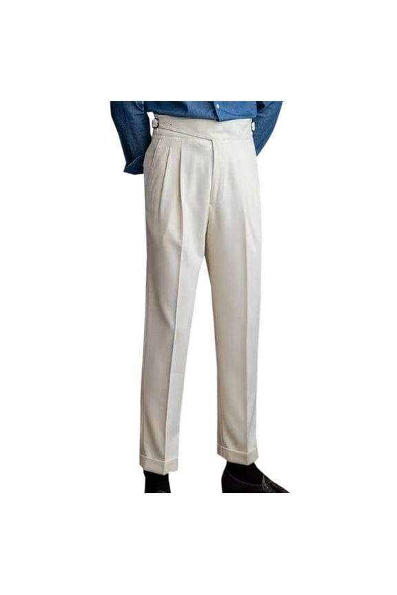 Mens Chinos Cotton Pants Slim Fit Pleated Front Dress Pants Gurkha Casual Stretchy Tapered Trousers Beige