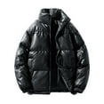 thumbnail image 1 of FRSASU Mens Color Block PU Leather Puffer Jacket Stand Collar Full Zip Coats Thicken Winter Warm Padded Coats Outwear Black, 1 of 4
