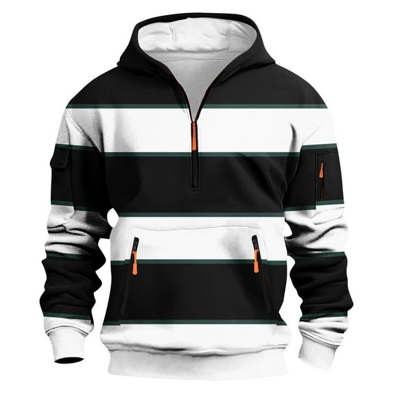 FRSASU Mens Color-Block Striped Printed Workwear Hooded Sweatshirt with Zipper Pocket Lightweight Pullover Black