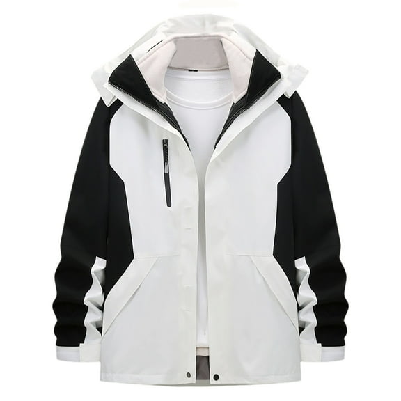 FRSASU Mens Color Blocked Jacket Zip Hooded Windbreaker Coat Outdoor Workwear Jacket with Detachable Hood White