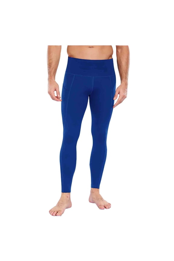 Mens Compression Pants Running Tights Pockets Sports Leggings Workout Cycling Athletic thermal Blue