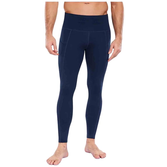FRSASU Mens Compression Pants Running Tights Pockets Sports Leggings Workout Cycling Athletic thermal Navy