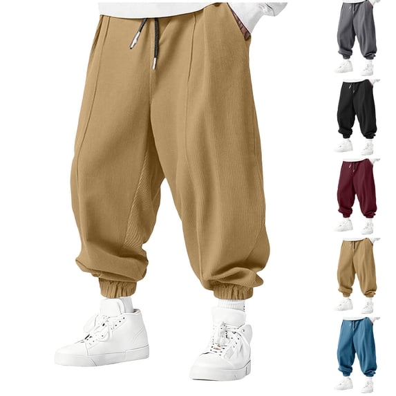FRSASU Mens Corduroy Joggers Pants Casual Cargo Pants Drawstring Elastic Waist Baggy Tapered Sweatpants Wine