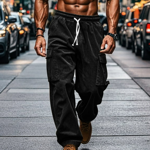 FRSASU Mens Corduroy Pants Baggy Wide Leg Casual Elastic Waist Drawstring Loose Fit Sweatpants Black