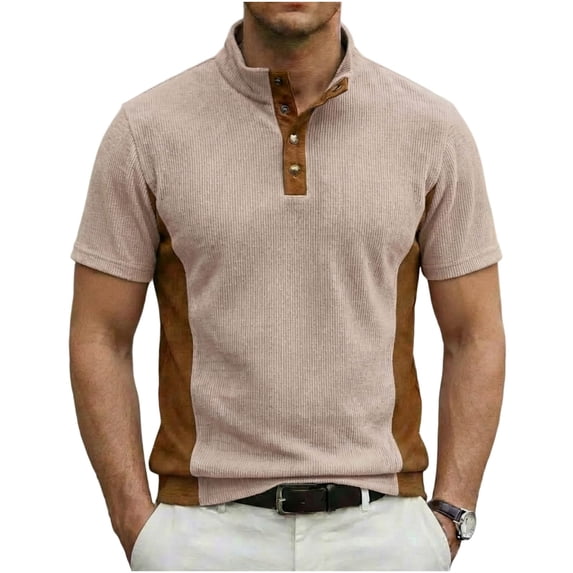FRSASU Mens Corduroy Shirt Short Sleeve Button Up Pullover Color Block Slim Fit Sweatshirts Khaki