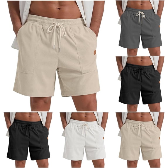 FRSASU Mens Corduroy Shorts Casual 7 Inch Elastic Waist Drawstring Summer Beach Loose Fit Shorts White