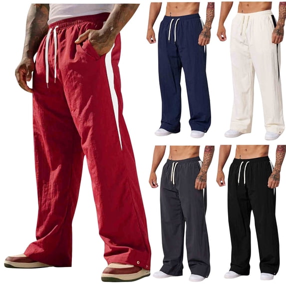 FRSASU Mens Cotton Linen Cargo Pants Drawstring Casual Hiking Joggers Athletic Cotton Loose Straight Sweatpants for Men Red