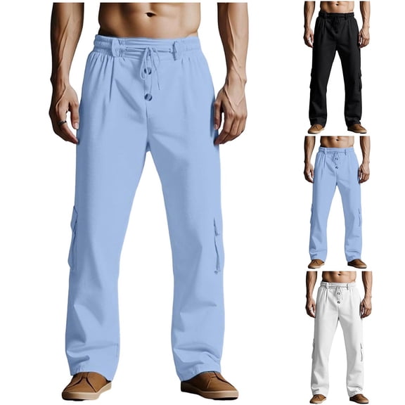 FRSASU Mens Cotton Linen Cargo Pants Lightweight Elastic Waist Drawstring Casual Loose Summer Beach Yoga Pants with Pockets White