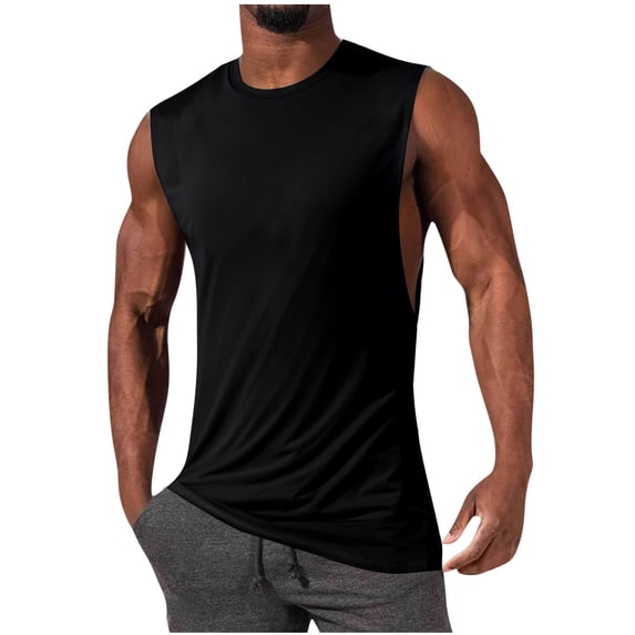 FRSASU Mens Cotton Sleeveless Tank Tops Cut off Muscle Gym T Shirts Running Beach Loose Fit Tees Black