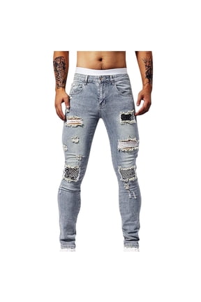 Mens Crystals Sequin Patchwork Jeans Skinny Stretch Slim Fit Washed Distressed Painted Rhinestones Patched Ripped Denim Pants Gray