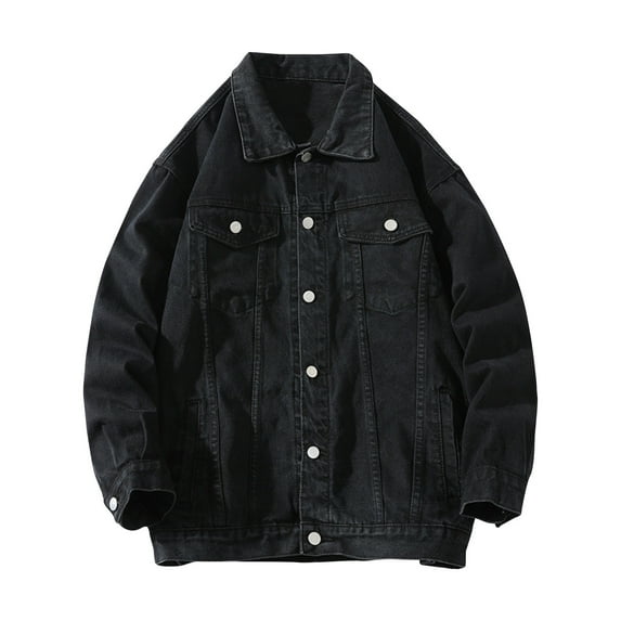 FRSASU Mens Denim Jacket Casual Slim Pocket Lapel Solid Color Fashion Long Sleeve Button Jean Jackets Black