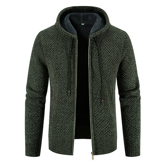 FRSASU Mens Fall Winter Thick Cardigan Zipper Hooded Warm Jackets Slim Fit Knitted Sweater Fleece Hoodies Coats Army Green
