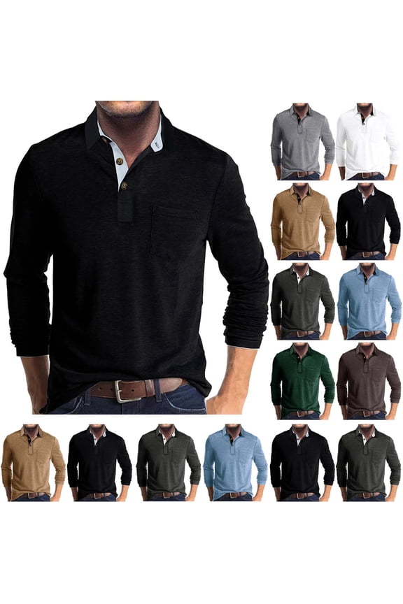 Mens Fashion Polo Shirts Classic Long Sleeve Casual Button Shirt with Pocket Khaki