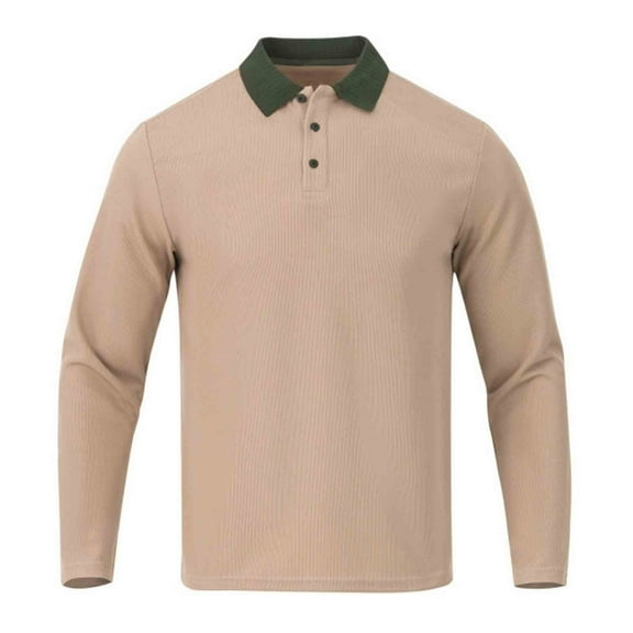 FRSASU Mens Fashion Polo Shirts Long Sleeve Button up T Shirts Summer Beach Lapel Casual Shirts Solid Color Tops Khaki