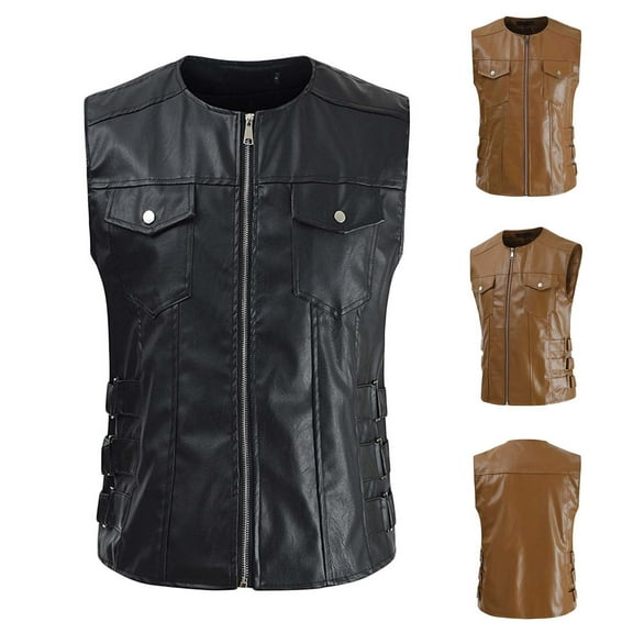 FRSASU Mens Faux Leather Vest Motorcycle Biker Sleeveless Single Breasted Round Neck PU Leather Jacket Waistcoat Brown