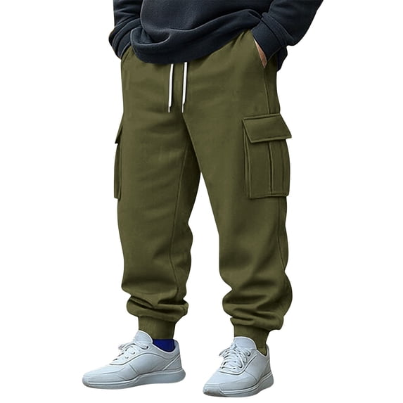 FRSASU Mens Fleece Tapered Sweatpants Warm Winter Athletic Jogger Pants with Flap Pockets Drawstring Outdoor Trousers Army Green