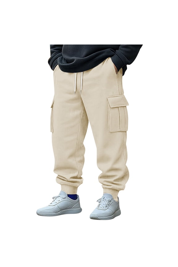 Mens Fleece Tapered Sweatpants Warm Winter Athletic Jogger Pants with Flap Pockets Drawstring Outdoor Trousers Beige