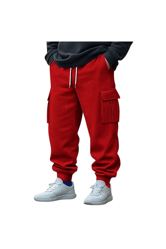 Mens Fleece Tapered Sweatpants Warm Winter Athletic Jogger Pants with Flap Pockets Drawstring Outdoor Trousers Red