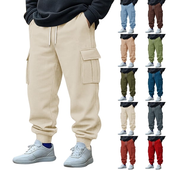 FRSASU Mens Fleece Tapered Sweatpants Warm Winter Athletic Jogger Pants with Flap Pockets Drawstring Outdoor Trousers Watermelon Red